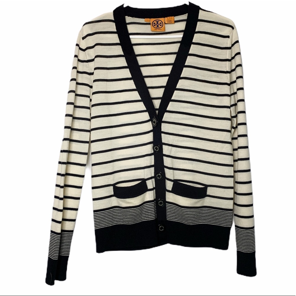Tory Burch White and Navy Button Up Cardigan